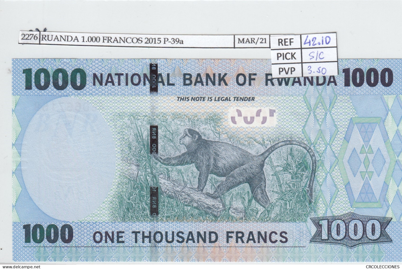 BILLETE RUANDA 1.000 FRANCOS 2015 P-39a SIN CIRCULAR  - Autres - Afrique