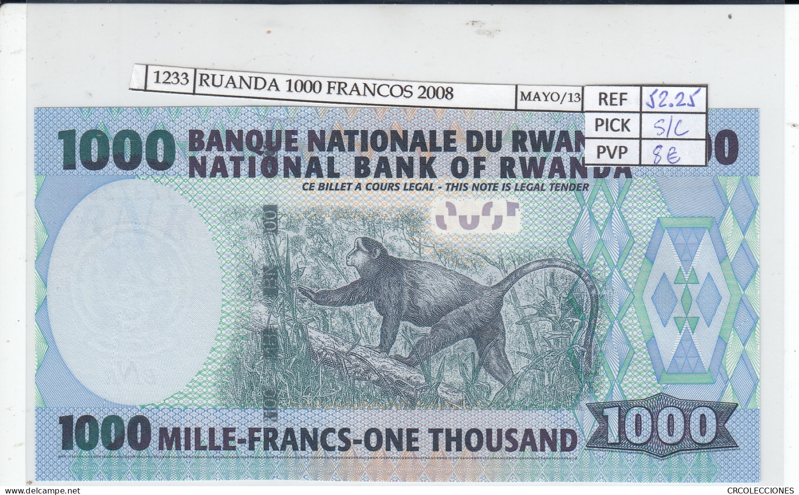 BILLETE RUANDA 1.000 FRANCOS 2008 P-35a SIN CIRCULAR  - Andere - Afrika