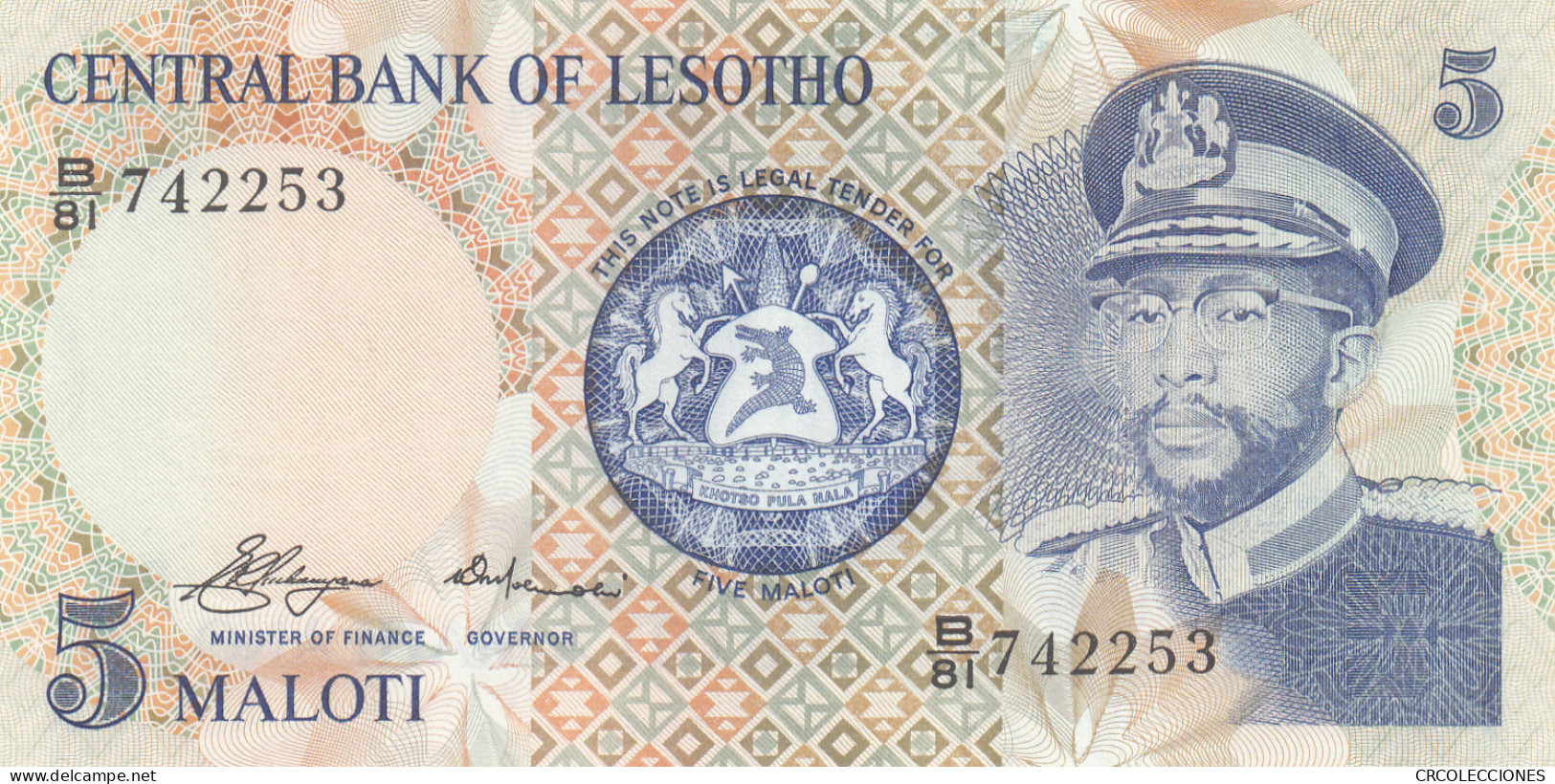 BILLETE LESOTHO 5 MALOTI 1981 P-5a SIN CIRCULAR  - Autres - Afrique