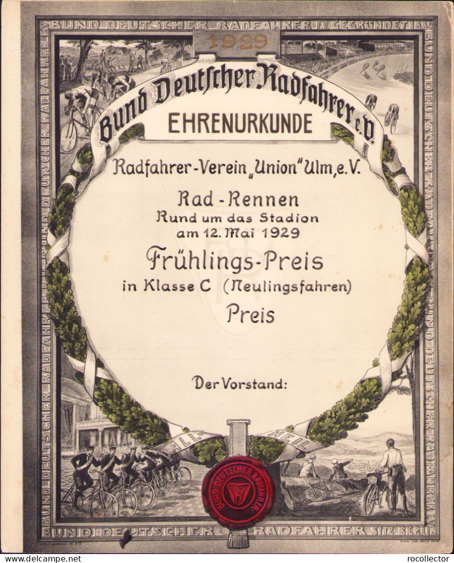 Ehrerurkunden 1929 Bund Deutscher Radfahrer E V Germany PM32 - Diplômes & Bulletins Scolaires