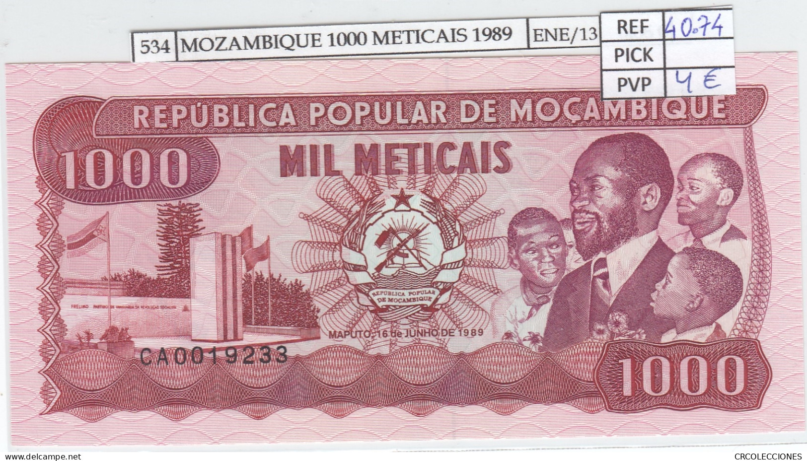 BILLETE MOZAMBIQUE 1.000 METICAIS 1989 P-132c SIN CIRCULAR - Altri – Africa