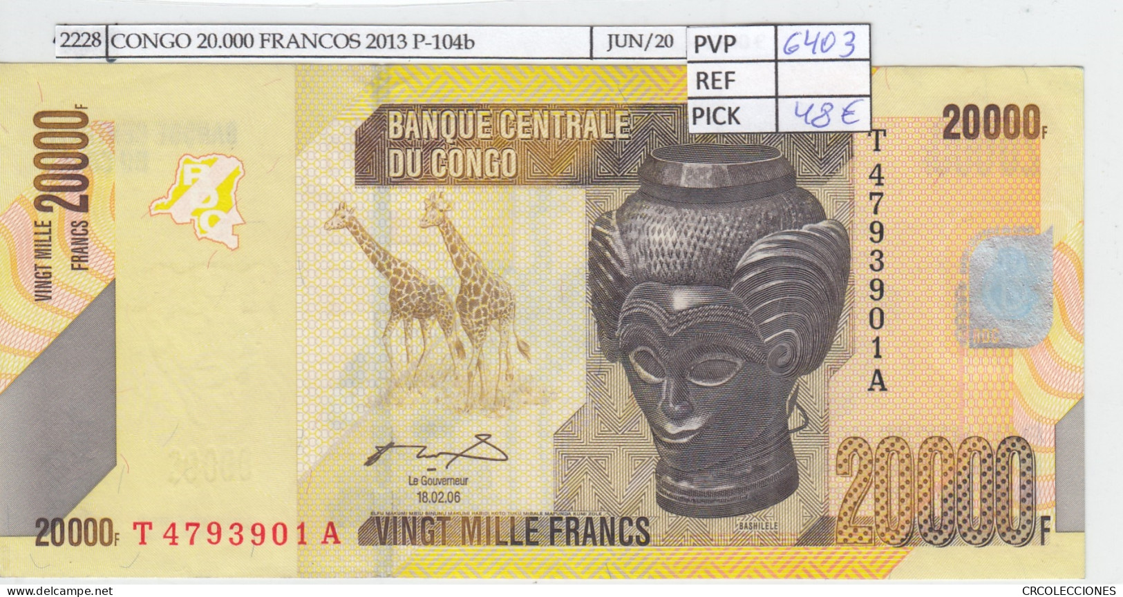 BILLETE CONGO 20.000 FRANCOS 2013 P-104b SIN CIRCULAR - Altri – Africa