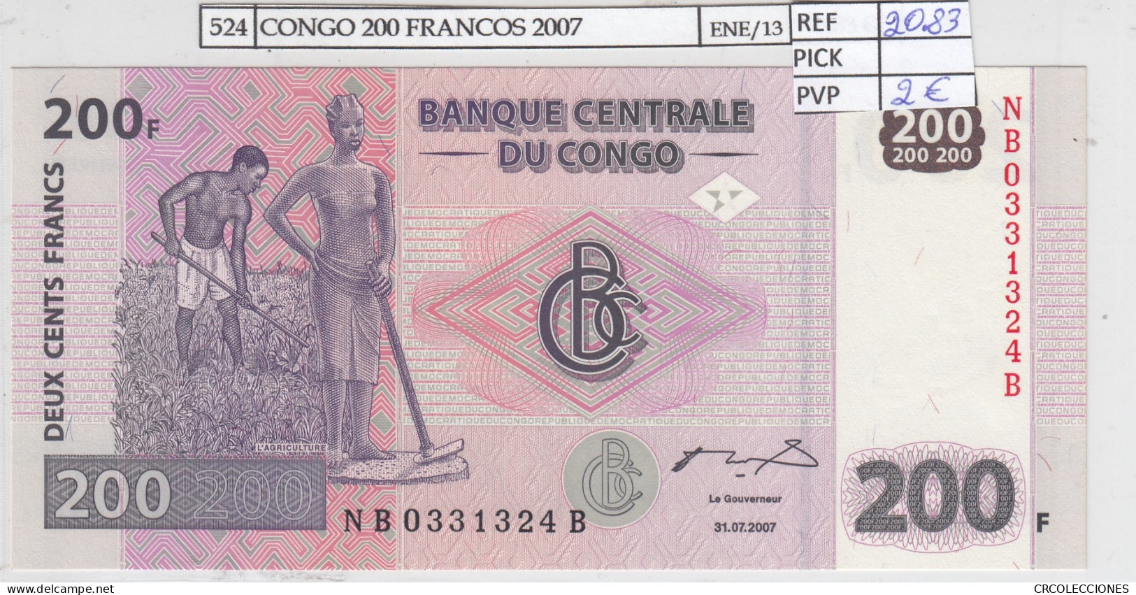 BILLETE CONGO 200 FRANCOS 2007 P-99a.2 SIN CIRCULAR - Otros – Africa