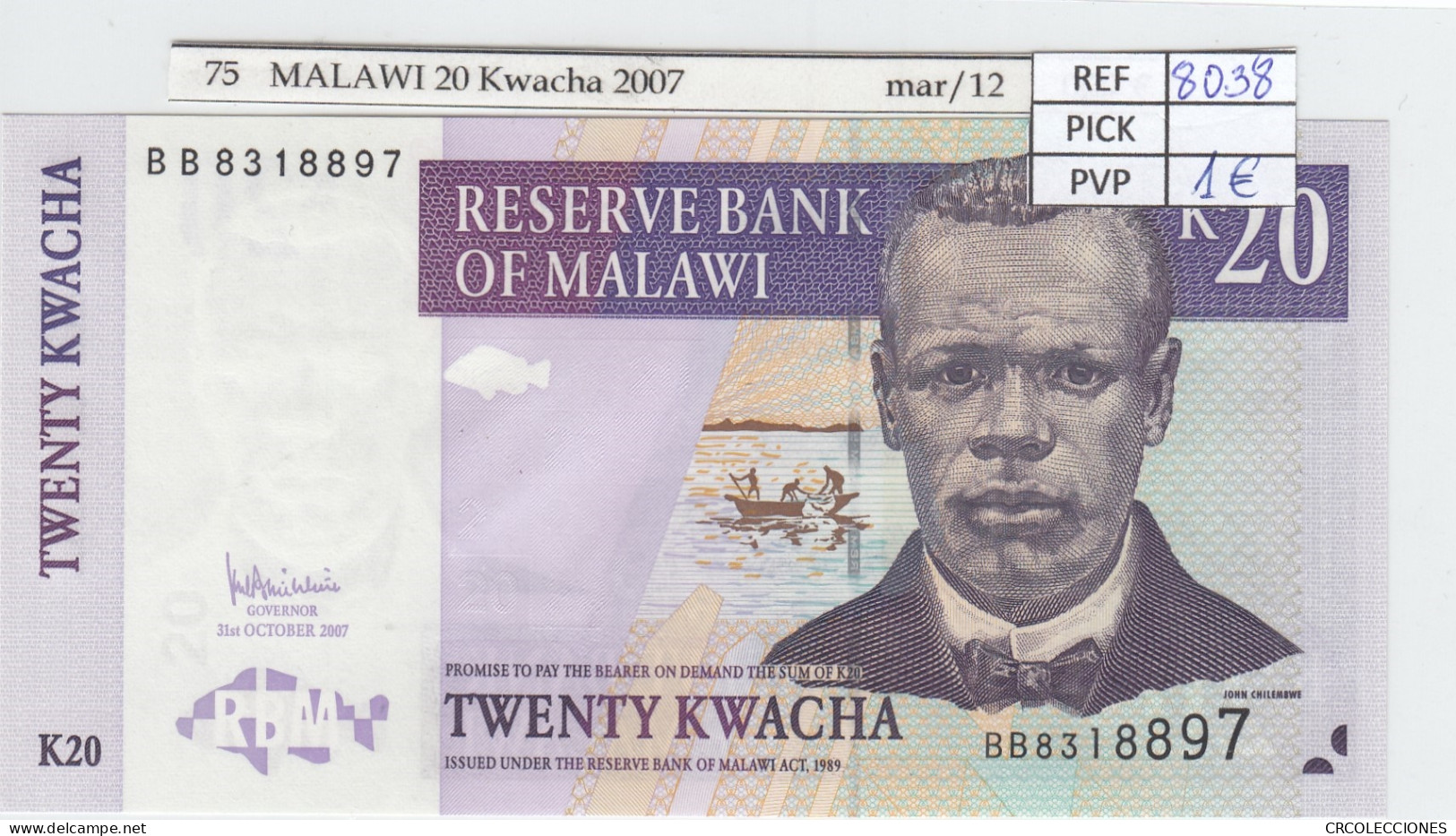 BILLETE MALAWI 20 KWACHA 2007 P-52d SIN CIRCULAR - Otros – Africa