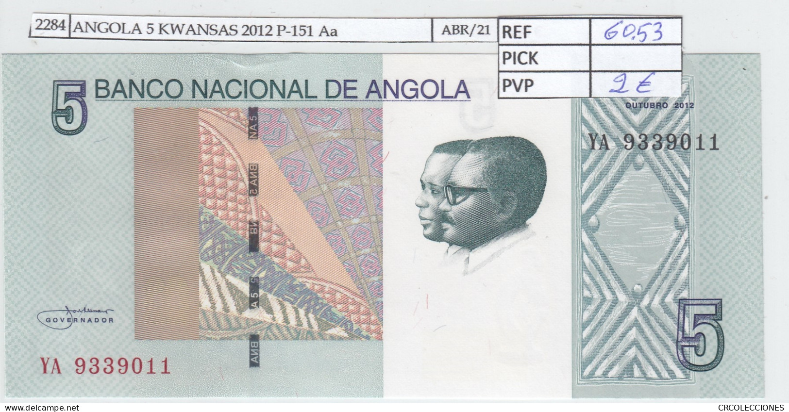 BILLETE ANGOLA 5 KWANSAS 2012 P-151 Aa SIN CIRCULAR - Andere - Afrika