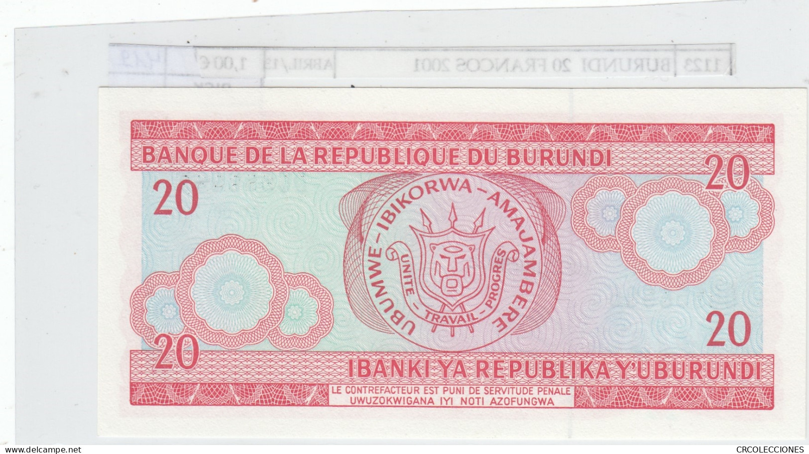 BILLETE BURUNDI  20 FRANCOS 2001 P-27d.2 SIN CIRCULAR - Autres - Afrique