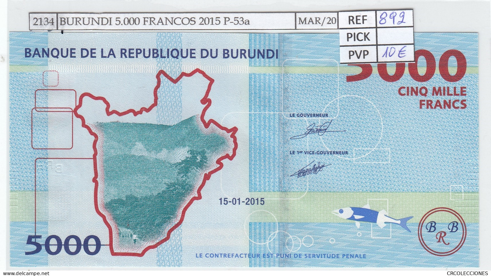 BILLETE BURUNDI 5.000 FRANCOS 2015 P-53a SIN CIRCULAR - Andere - Afrika