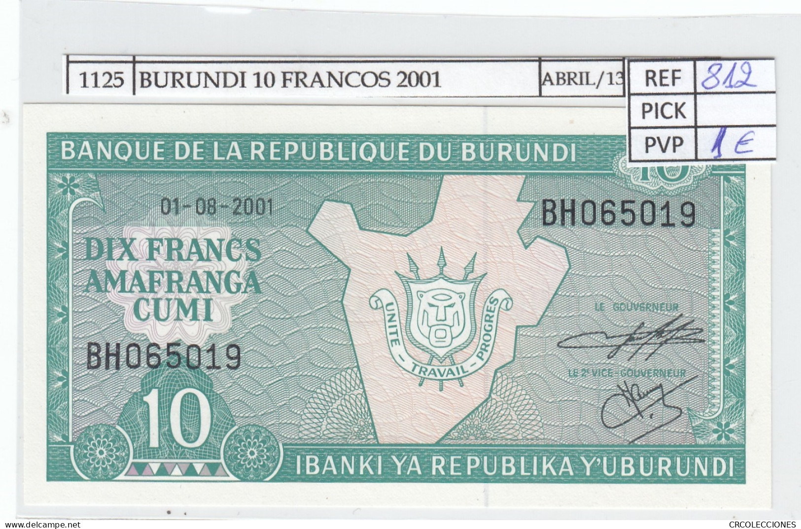 BILLETE BURUNDI 10 FRANCOS 2001 P-33d.2 SIN CIRCULAR - Autres - Afrique