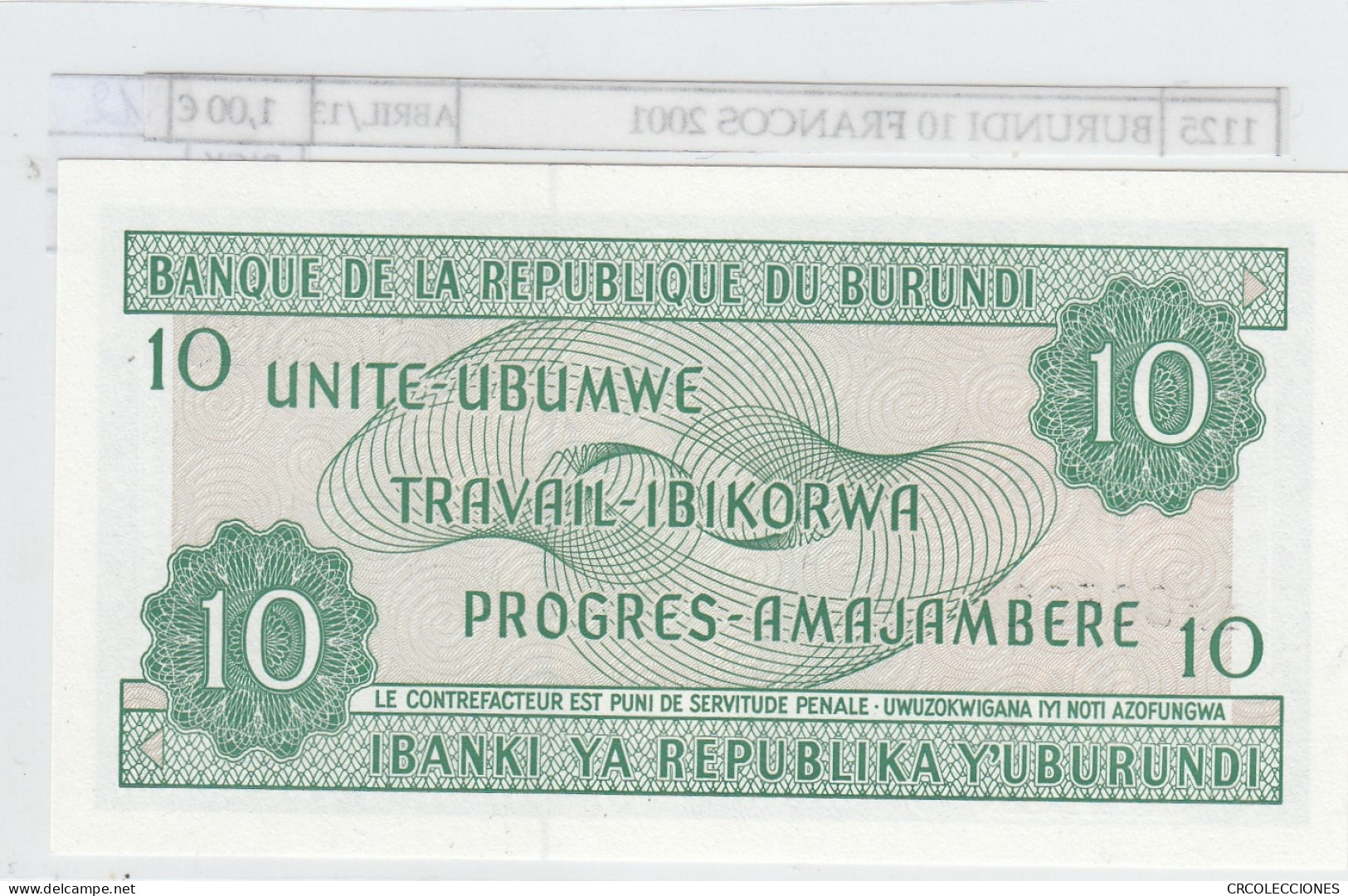 BILLETE BURUNDI 10 FRANCOS 2001 P-33d.2 SIN CIRCULAR - Sonstige – Afrika