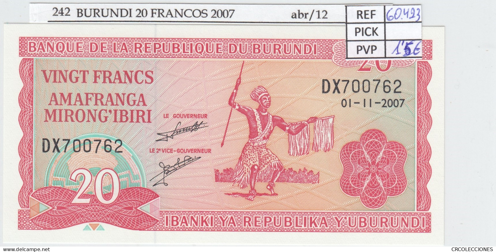 BILLETE BURUNDI 20 FRANCOS 2007 P-27d.5 SIN CIRCULAR - Autres - Afrique
