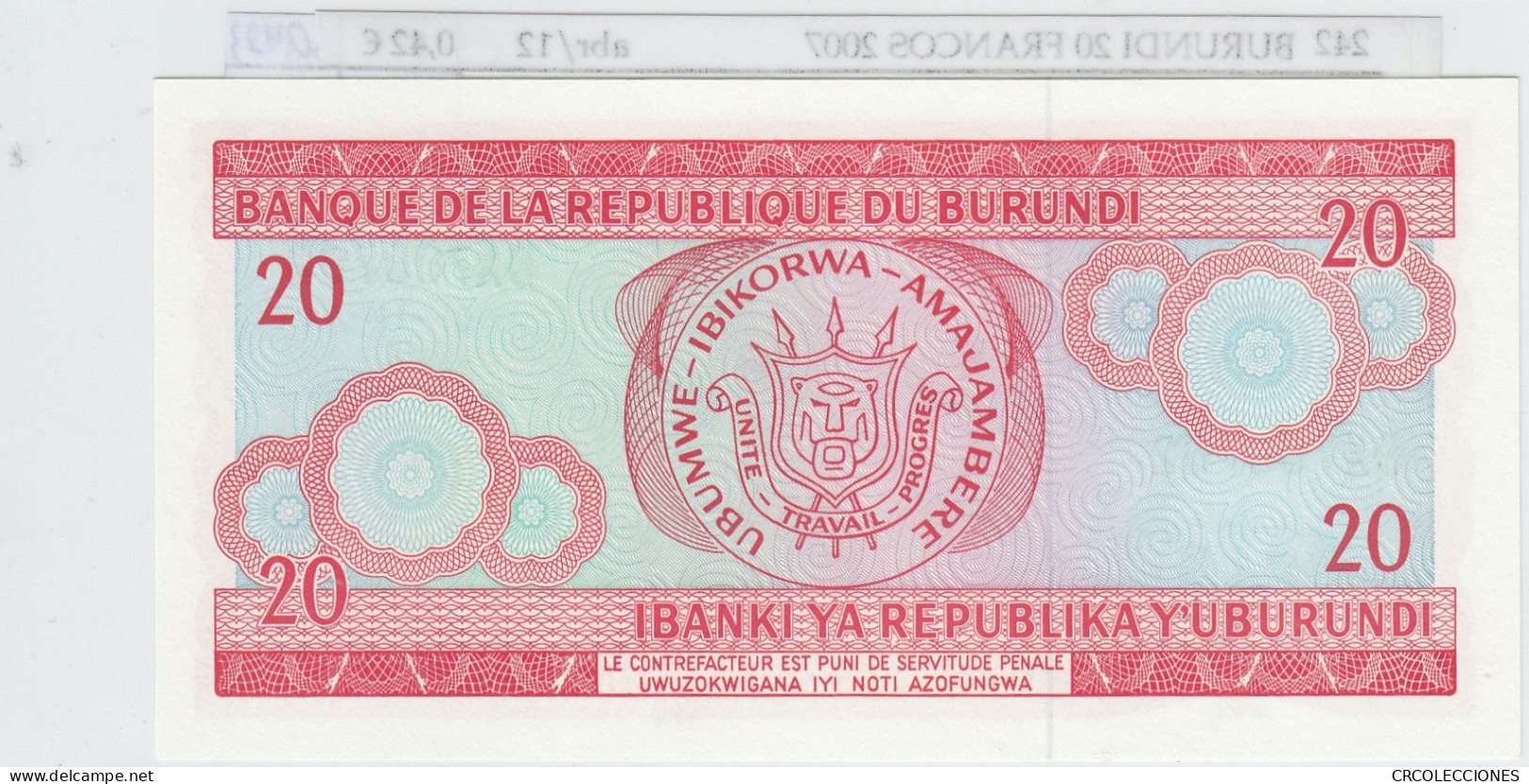 BILLETE BURUNDI 20 FRANCOS 2007 P-27d.5 SIN CIRCULAR - Autres - Afrique