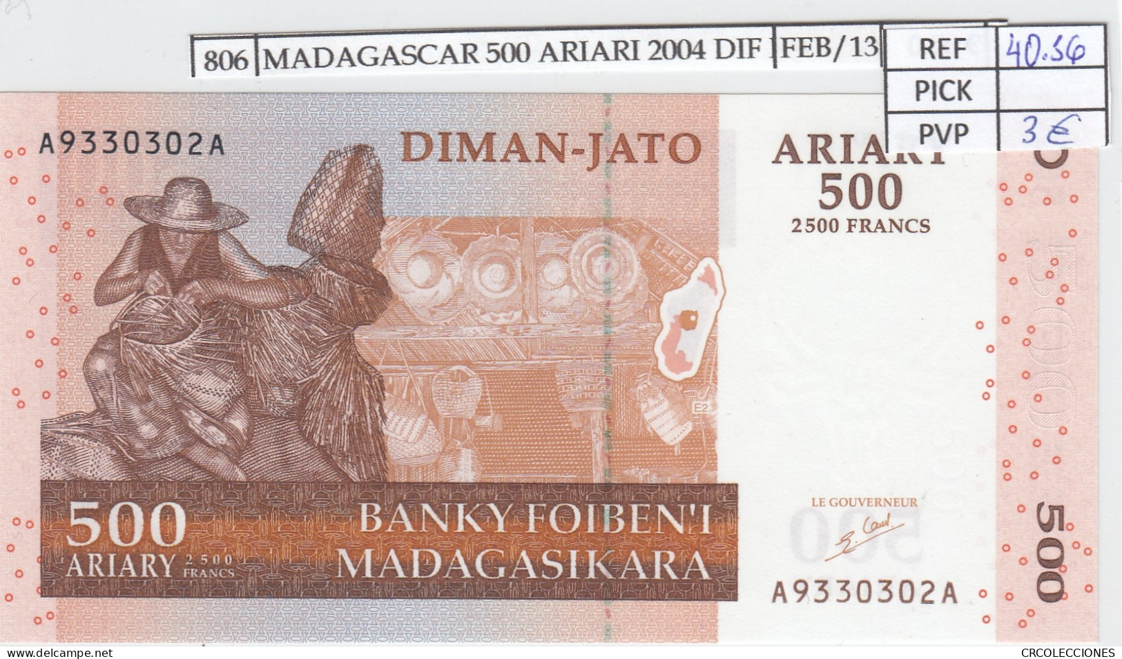 BILLETE MADAGASCAR 500 ARIARI 2004 P-88a SIN CIRCULAR - Autres - Afrique