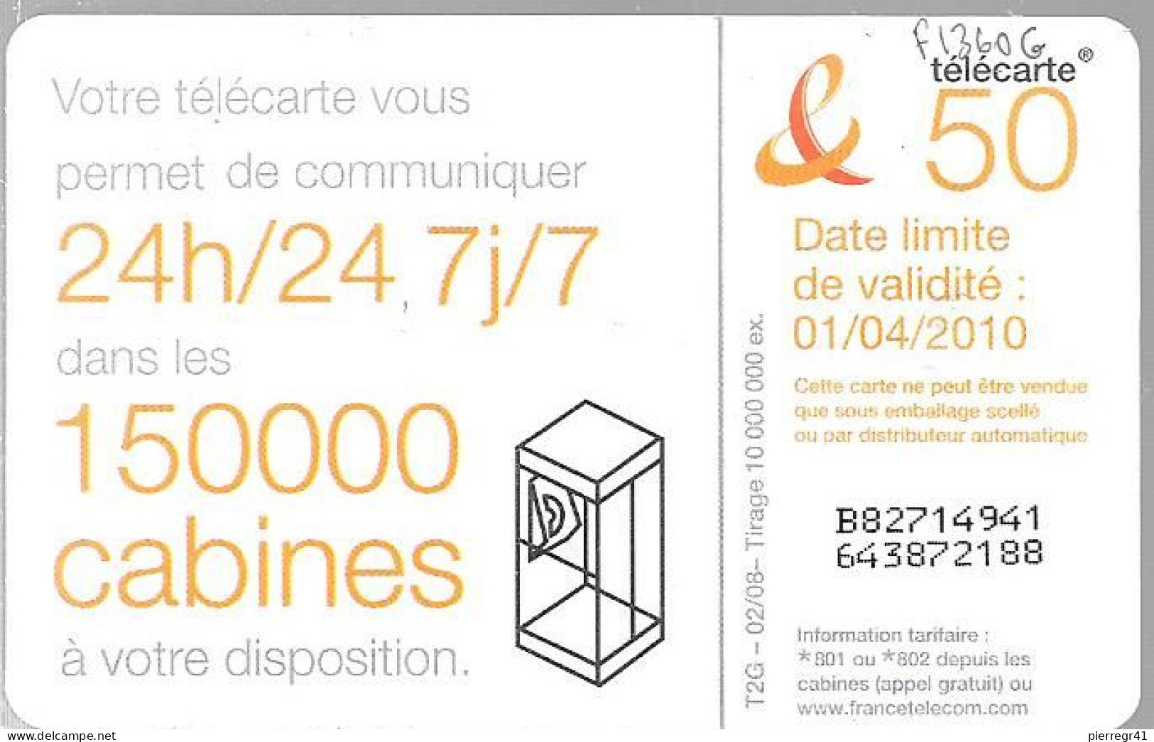 CARTE-PUBLIC-50U-F1360G-GEM1-02/08-DANSE 6-V°150000 CABINES-Ex 01/04/2010-Tirage 10.000000-UTILISE-TBE - 2007