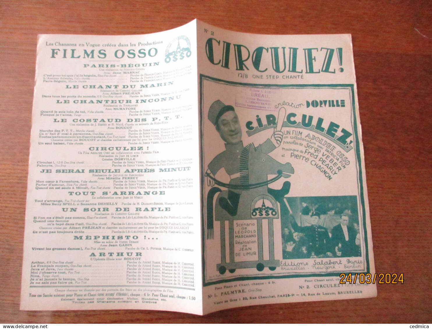 CIRCULEZ DU FILM "CIRCULEZ" CREATION DORVILLE PAROLES DE SERGE VEBER MUSIQUE DE FRED PEARLY & PIERRE CHAGNON - Partituren