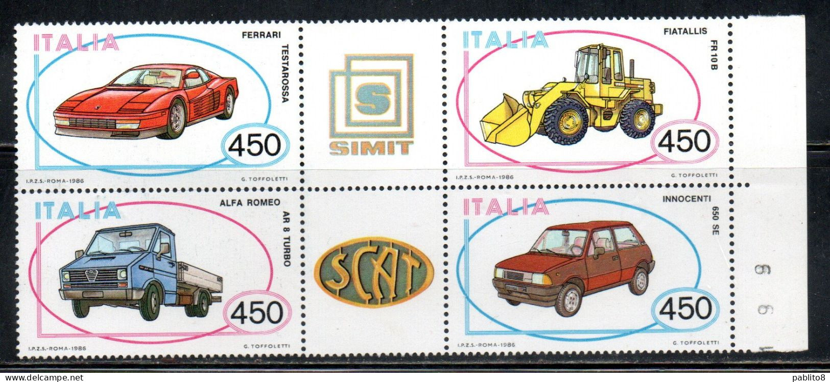 ITALY REPUBLIC ITALIA REPUBBLICA 1986 COSTRUZIONI AUTOMOBILISTICHE ITALIANE AUTO CARS BLOCK BLOCCO MNH - Blocks & Sheetlets