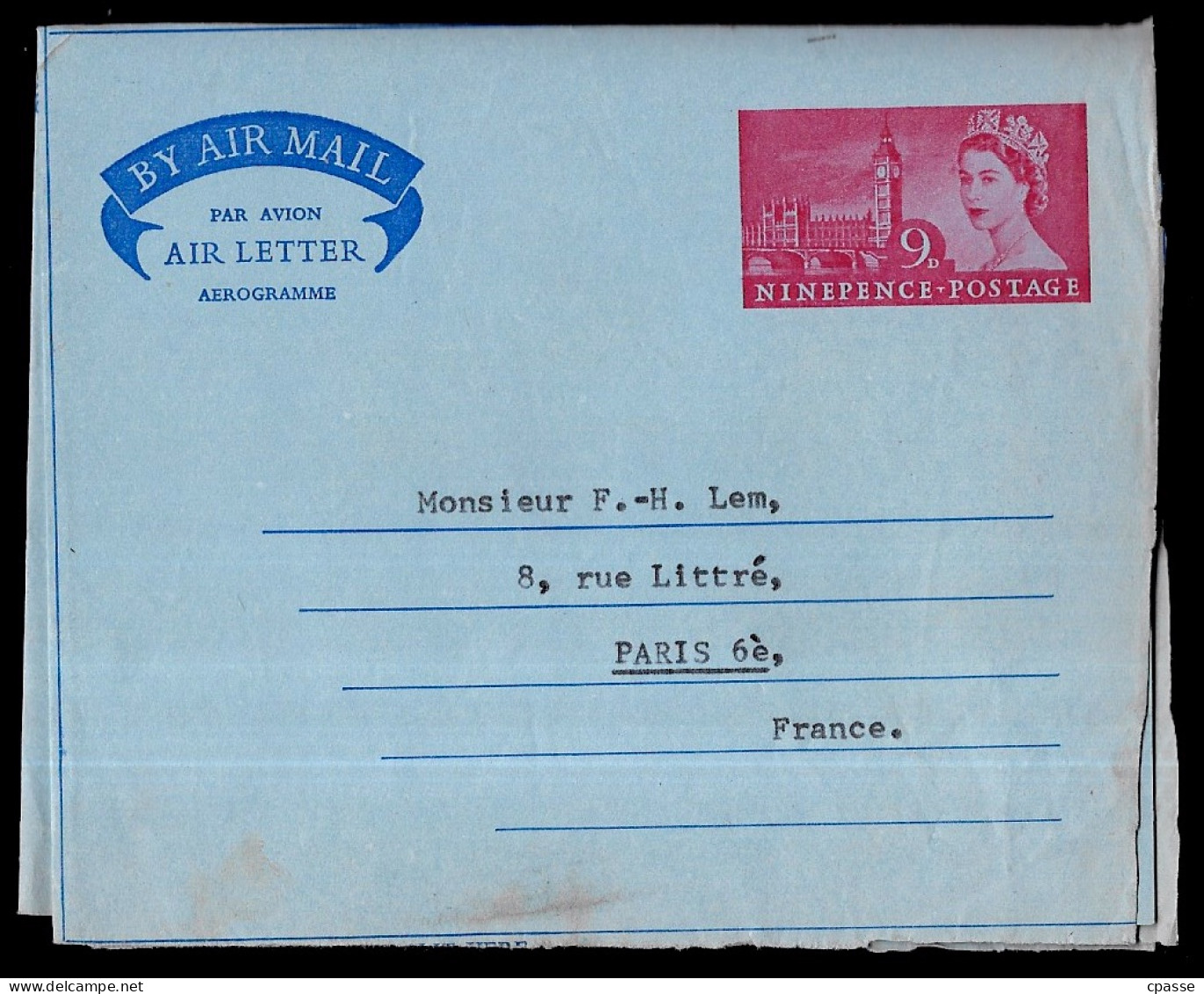 Entier Postal UK United Kingdom - Entier Postal QUEEN ELIZABETH II Air Letter Aerogramme De Londres à Paris Pour M. Lem - Entiers Postaux