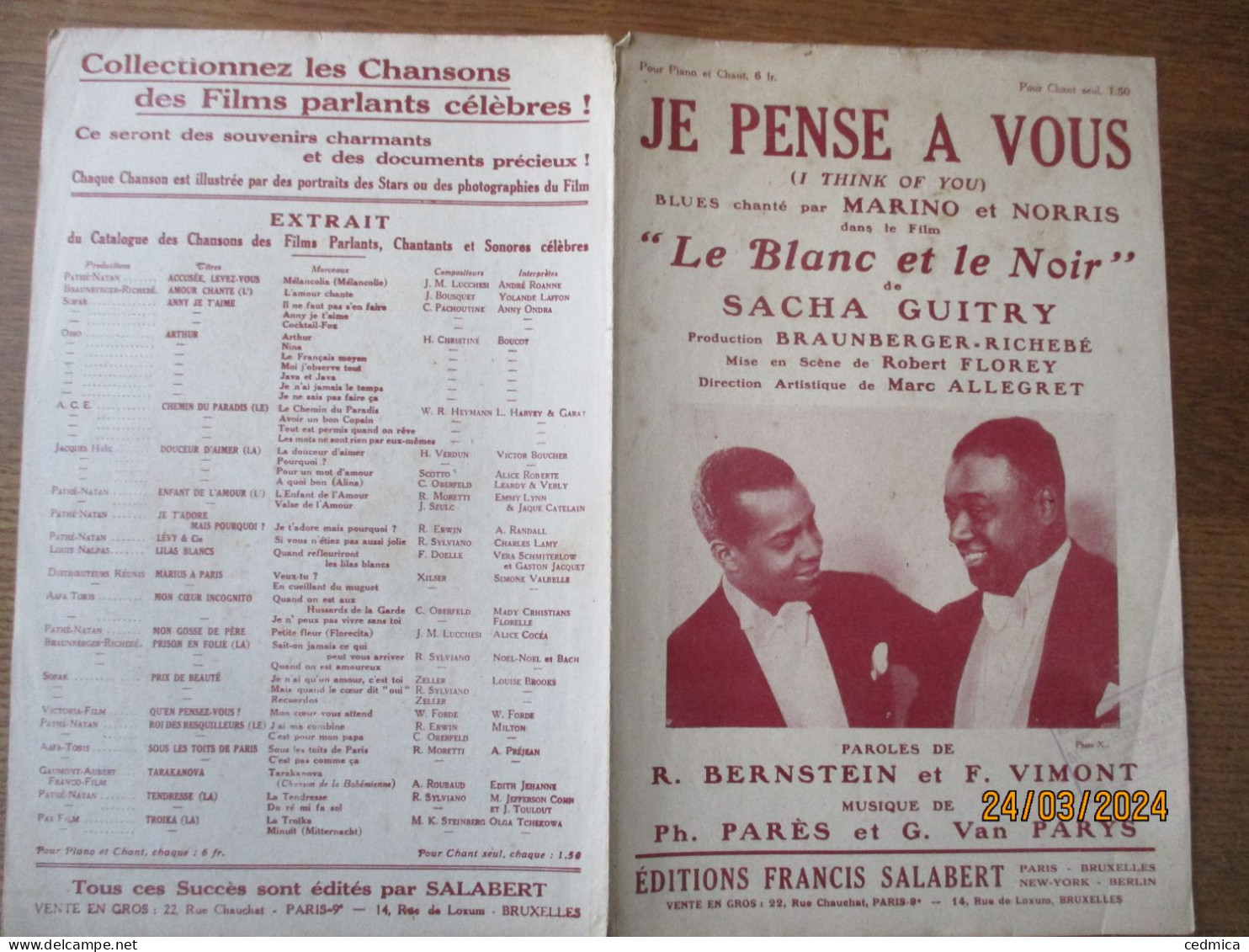 JE PENSE A VOUS....DU FILM "LE BLANC ET LE NOIR" DE SACHA GUITRY PAROLES DE R.BERNSTEIN & F.VIMONT PAROLES DE PH. PARES - Spartiti