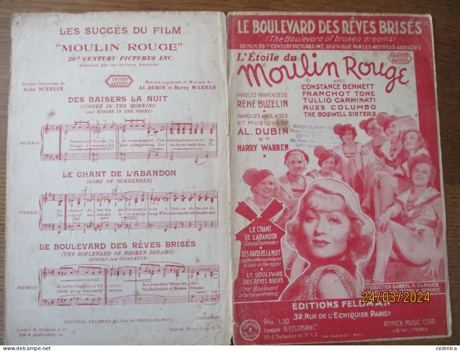 LE BOULEVARD DES RÊVES BRISES  PAROLES FRANCAISES DE RENE BUZELIN PAROLES ANGLAISES DE AL.DUBIN MUSIQUE DE HARRY WARREN - Scores & Partitions