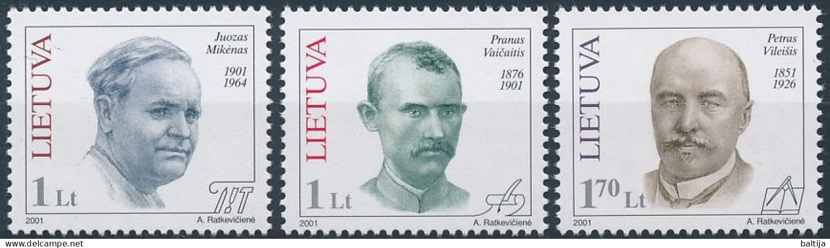 Mi 753-755 ** MNH / Sculptor Juozas Mikenas, Poet Pranas Vaičaitis, Engineer Petras Vileišis - Lithuania