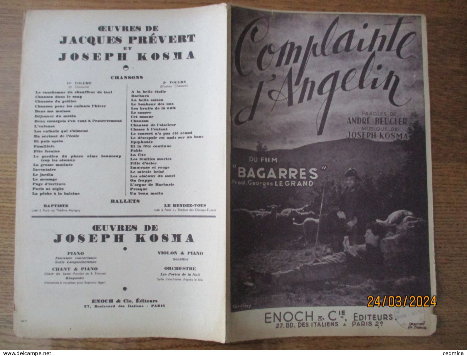 COMPLAINTE D'ANGELIN DU FILM "BAGARRES" PAROLES DE ANDRE BEUCLER MUSIQUE DE JOSEPH KOSMA - Spartiti