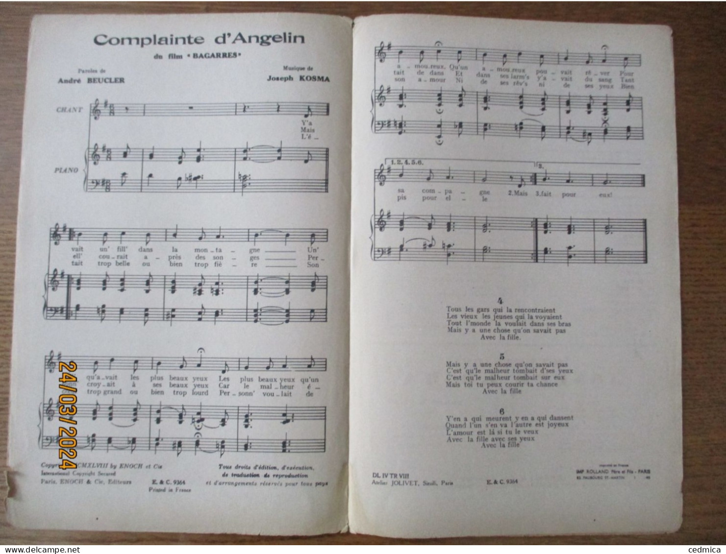 COMPLAINTE D'ANGELIN DU FILM "BAGARRES" PAROLES DE ANDRE BEUCLER MUSIQUE DE JOSEPH KOSMA - Partitions Musicales Anciennes