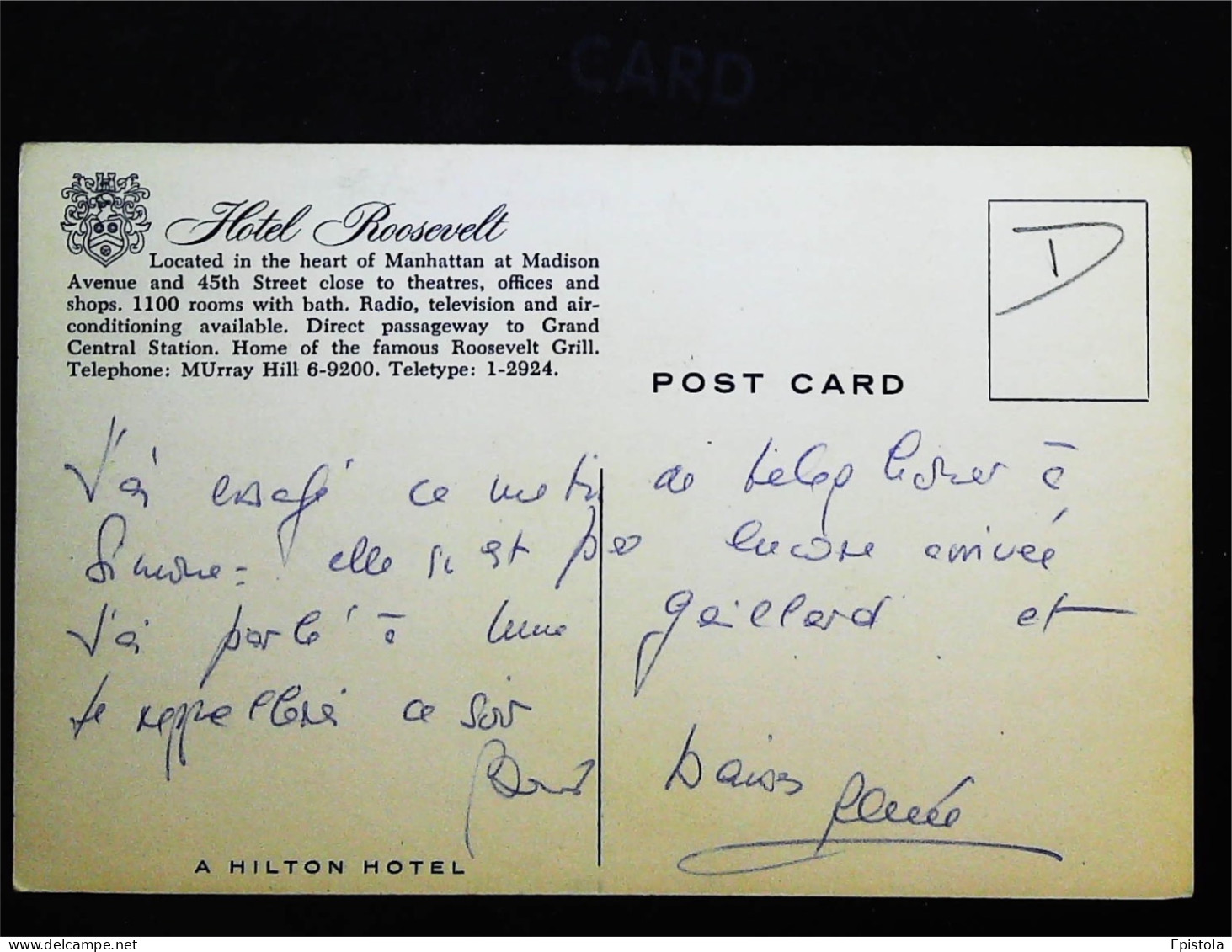 ►   Hotel Roosevelt Draw Advertising   Vintage Card   NYC - NEW YORK - Bares, Hoteles Y Restaurantes