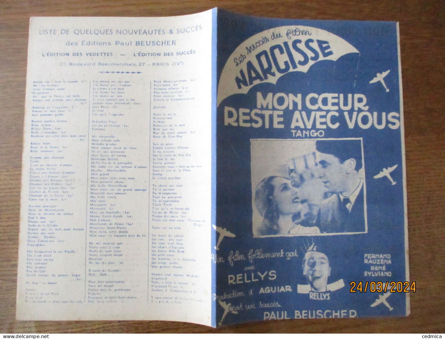 MON COEUR RESTE AVEC VOUS TANGO DU FILM "NARCISSE" PAROLES DE FERNAND RAUZENA MUSIQUE DE RENE SYLVIANO - Partitions Musicales Anciennes