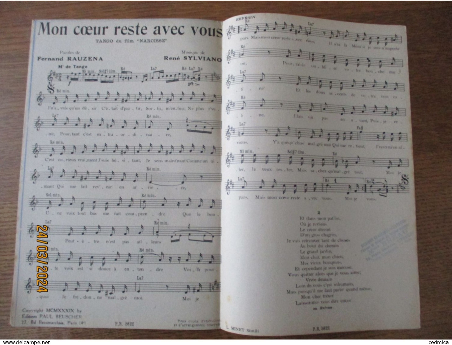 MON COEUR RESTE AVEC VOUS TANGO DU FILM "NARCISSE" PAROLES DE FERNAND RAUZENA MUSIQUE DE RENE SYLVIANO - Scores & Partitions