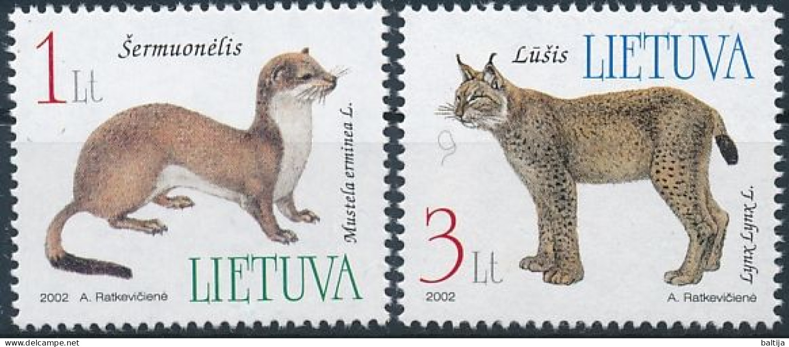 Mi 790-791 ** MNH / Endangered Species, Stoat, Ermine, Mustela Erminea, Eurasian Lynx, Lynx Lynx - Lithuania