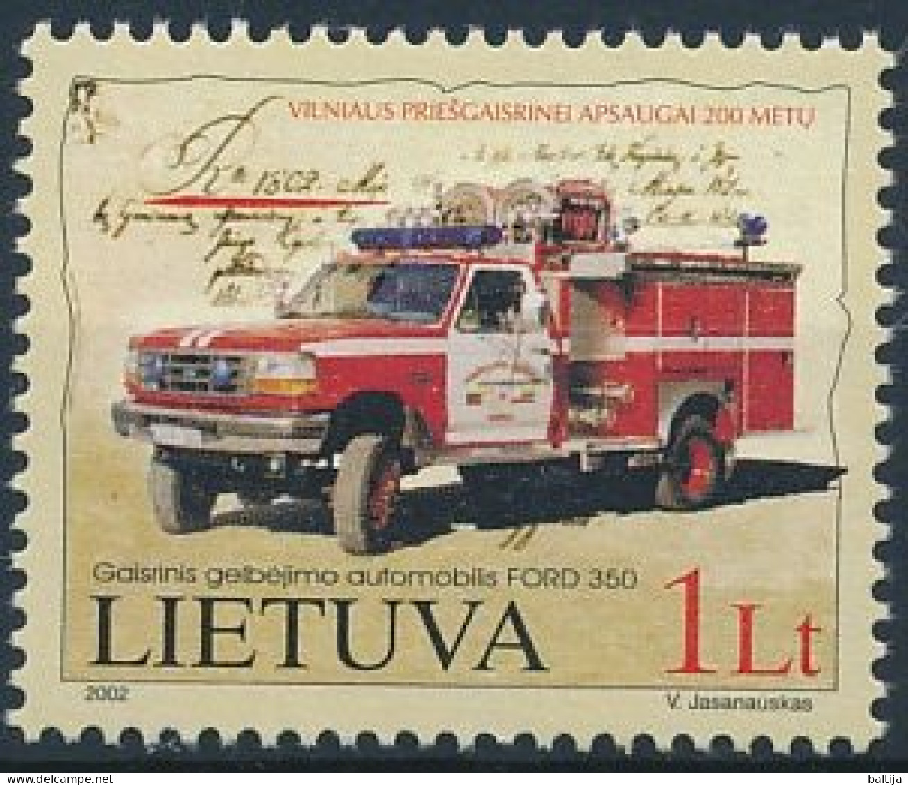 Mi 793 ** MNH / Vilnius Fire Department 200th Anniversary, Ford 350 Truck, Fire Engine - Lithuania