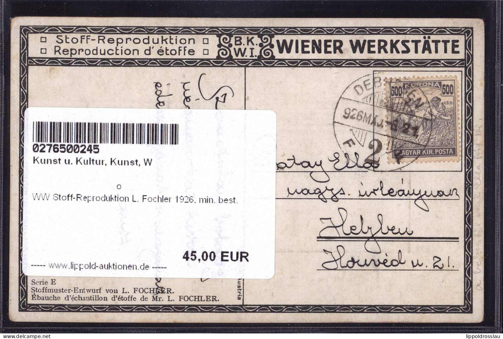 Gest. WW Stoff-Reproduktion L. Fochler 1926, Min. Best. - Wiener Werkstaetten