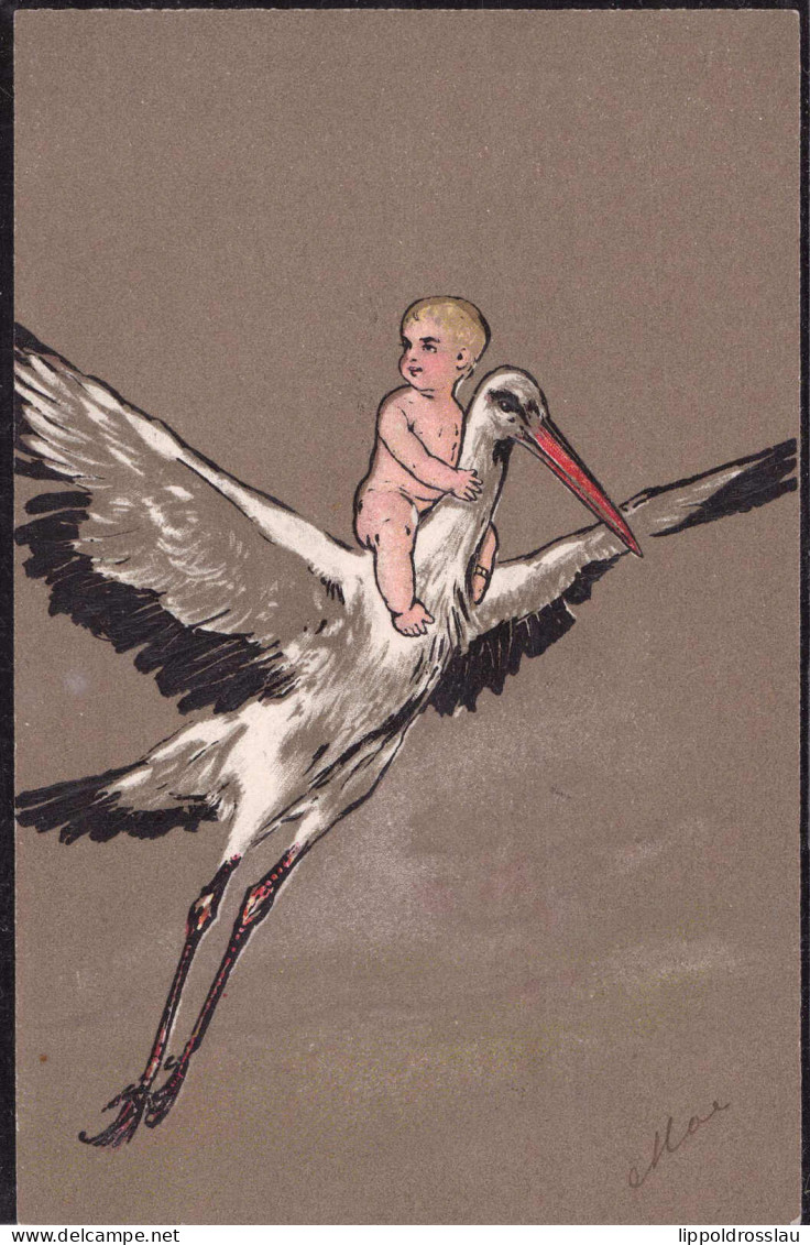 * Baby Storch Prägekarte Sign. Moe - Autres & Non Classés