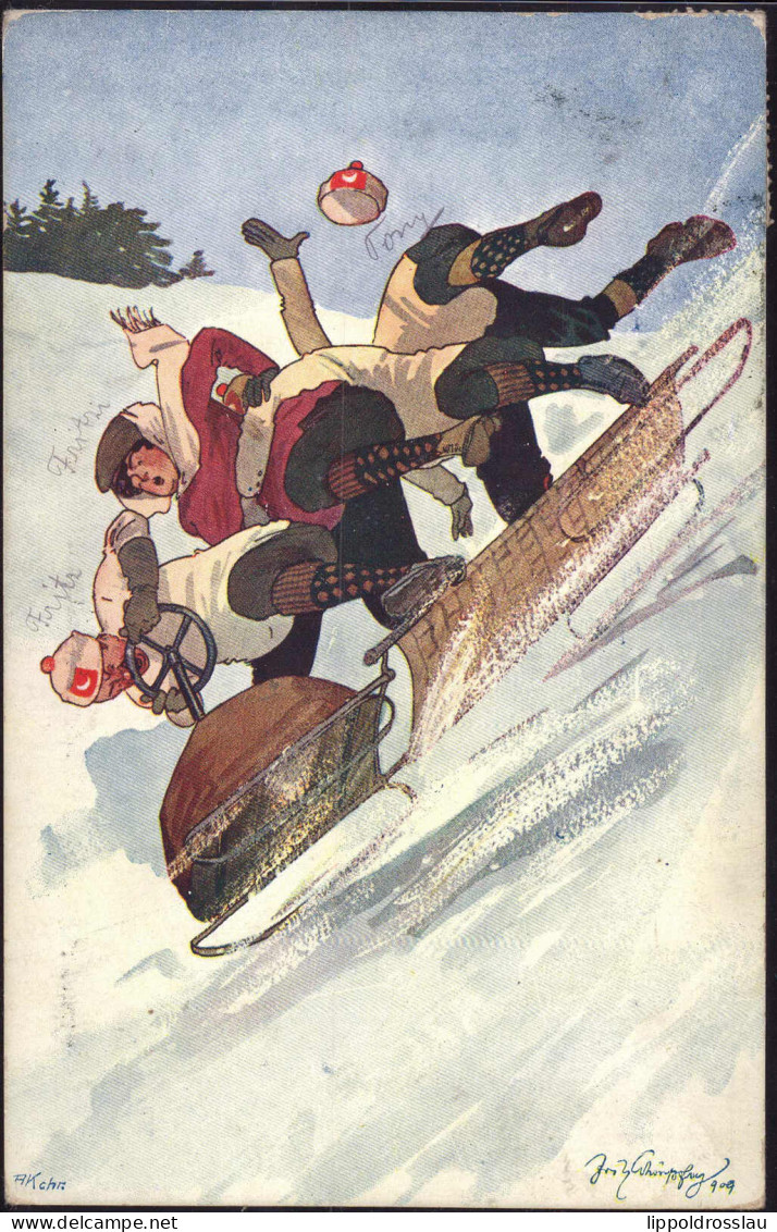 Gest. Wintersporthumor Sign. Schönpflug 1909 - Sonstige & Ohne Zuordnung