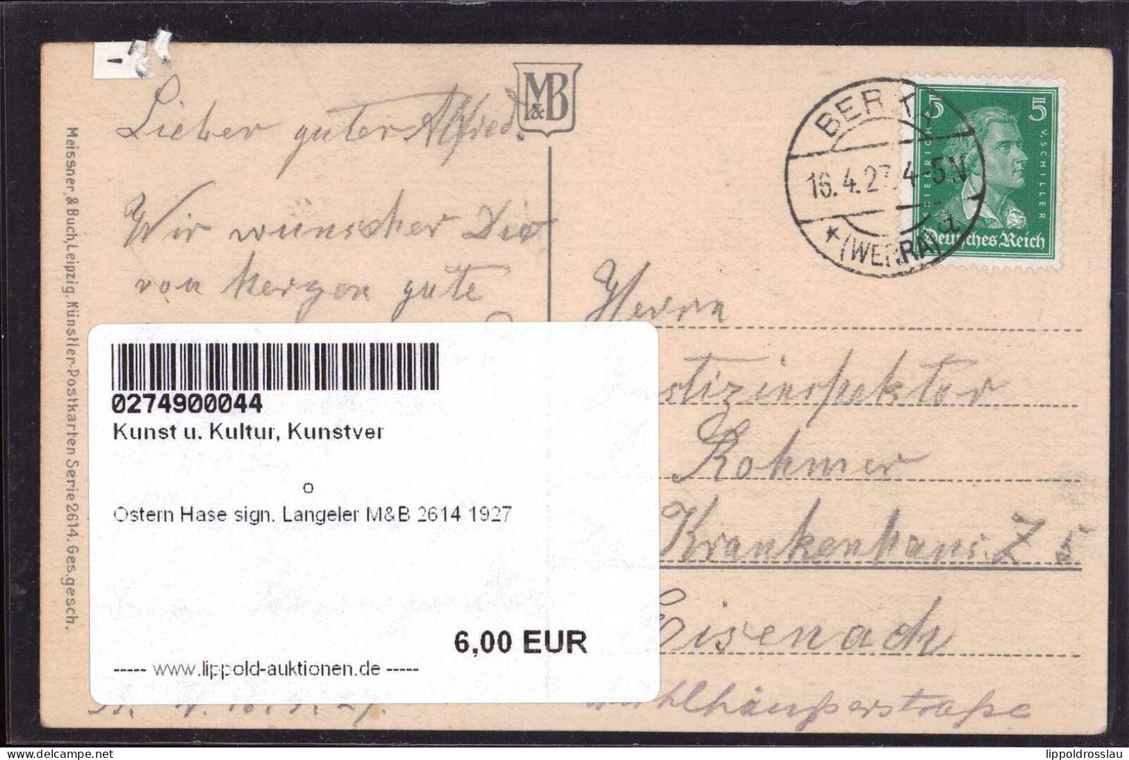Gest. Ostern Hase Sign. Langeler M&B 2614 1927 - Autres & Non Classés