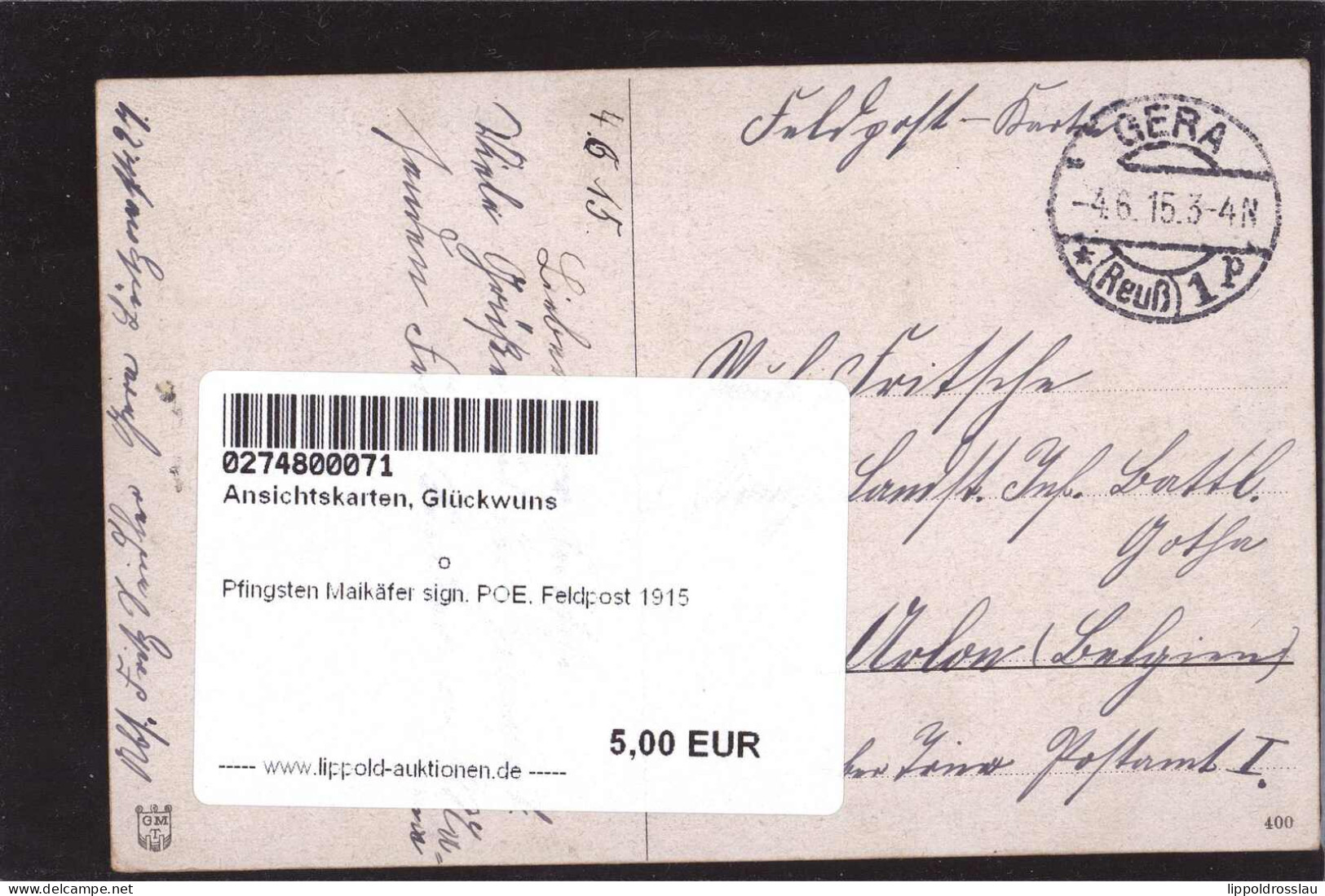 Gest. Pfingsten Maikäfer Sign. POE, Feldpost 1915 - Pinksteren