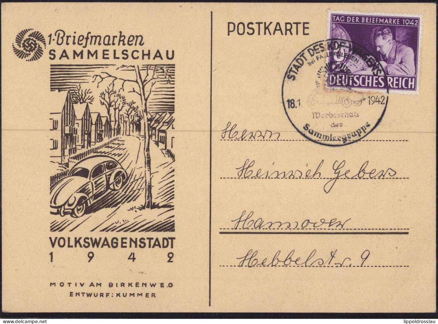 Gest. Volkswagenstadt Wolfsburg Briefmarkenausstellung 1942 SST - Timbres (représentations)