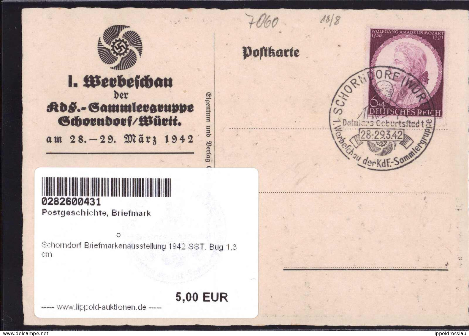 Gest. Schorndorf Briefmarkenausstellung 1942 SST, Bug 1,3 Cm - Briefmarken (Abbildungen)