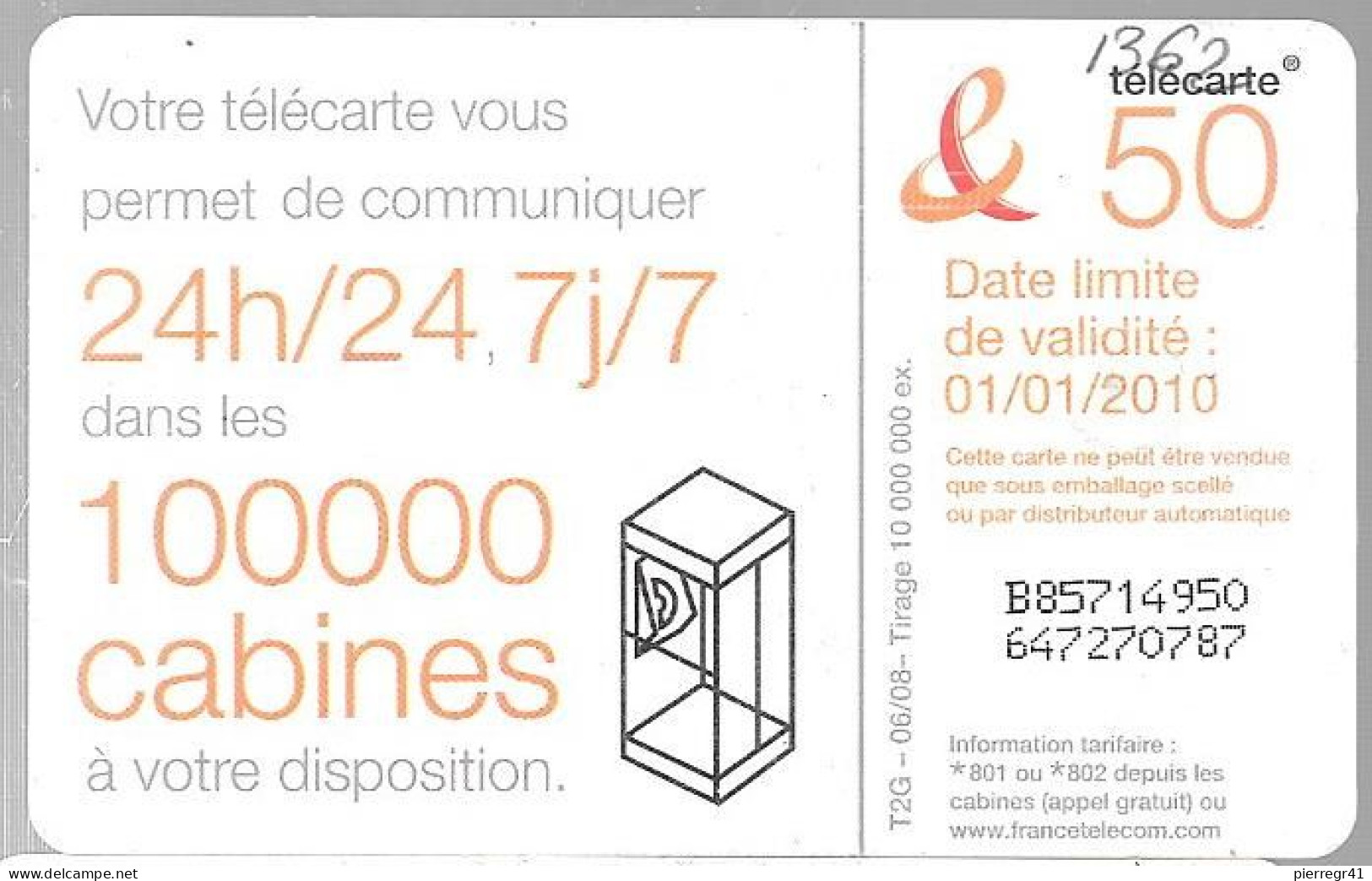 CARTE-PUBLIC-50U-F1362-GEM1-06/08-DANSE 6-V°100000 CABINES-Ex 01/01/2010-UTILISE-TBE - 2008