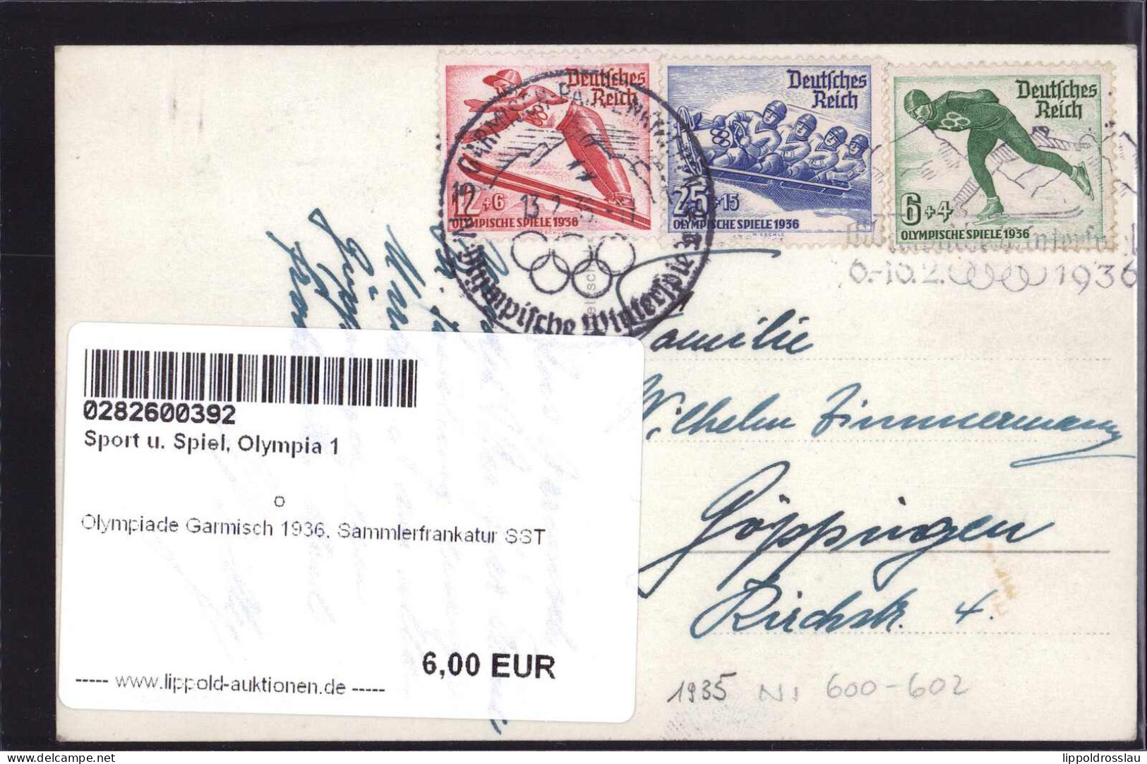 Gest. Olympiade Garmisch 1936, Sammlerfrankatur SST - Olympic Games