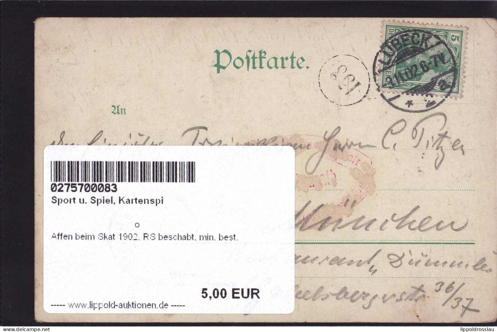 Gest. Affen Beim Skat 1902, RS Beschabt, Min. Best. - Cartes à Jouer