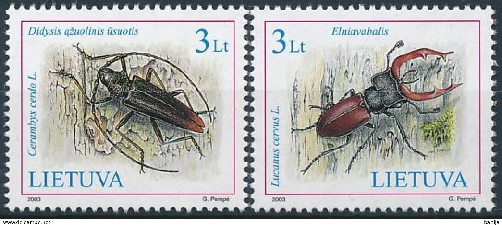 Mi 819-820 ** MNH / Endangered Species, Insects, Capricorn Beetle, Cerambyx Cerdo, Stag Beetle, Lucanus Cervus - Lithuania