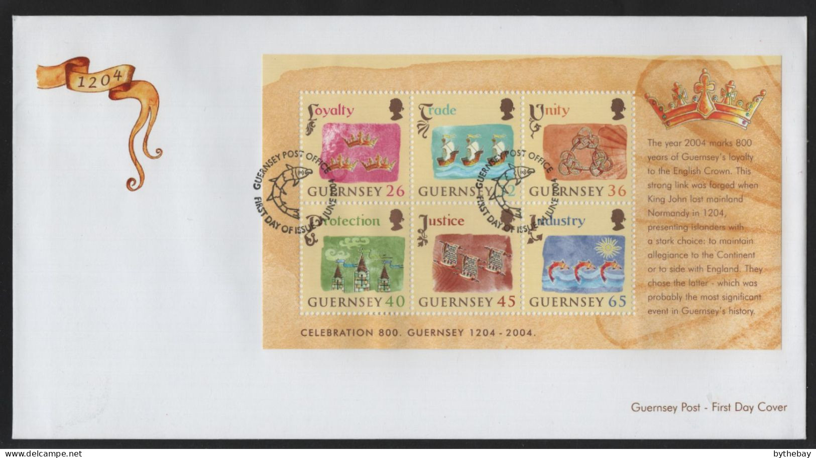 Guernsey 2004 FDC Sc 843a Loyalty To British Crown 800 Years Sheet - Guernesey