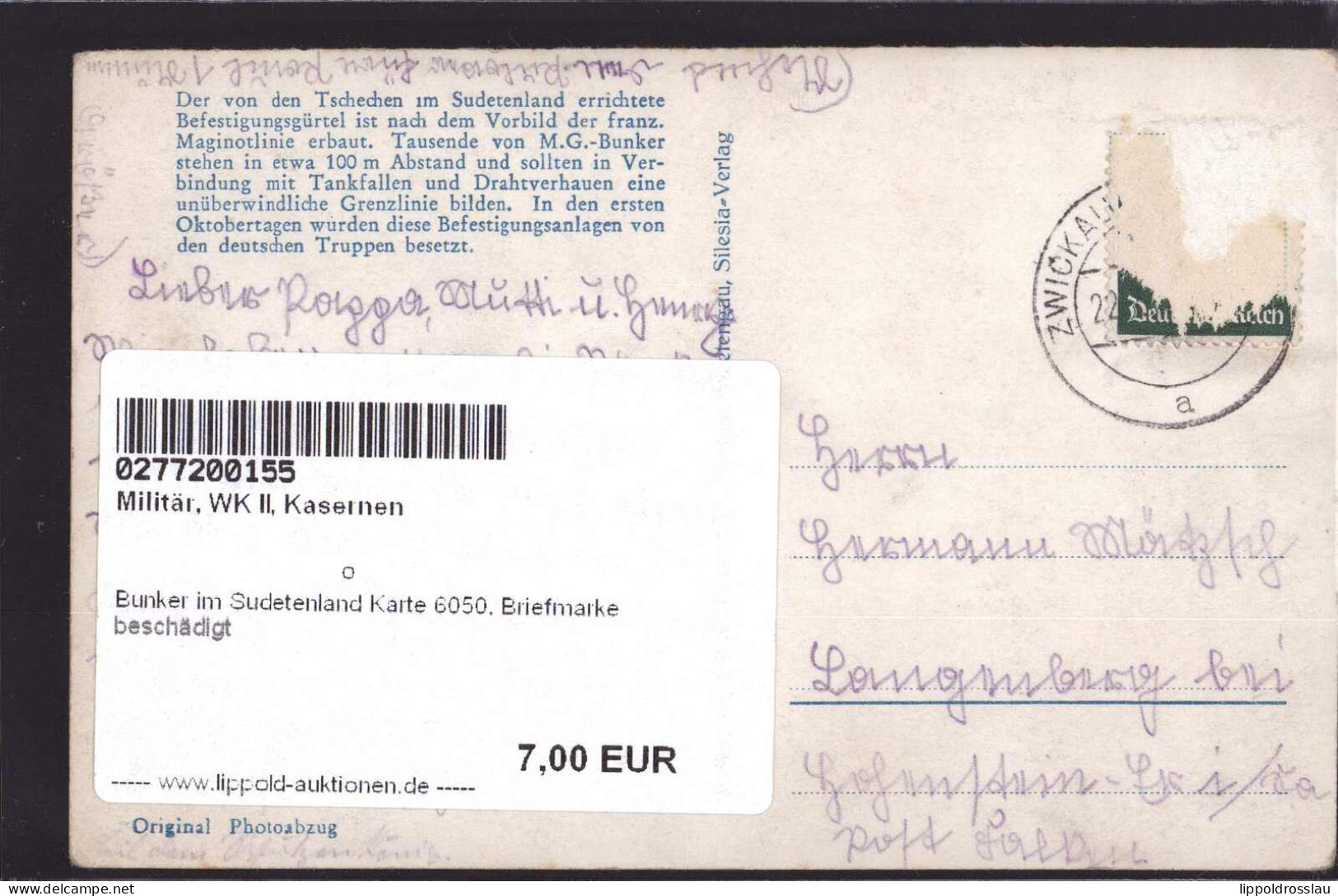 Gest. Bunker Im Sudetenland Karte 6050, Briefmarke Beschädigt - Guerre 1939-45