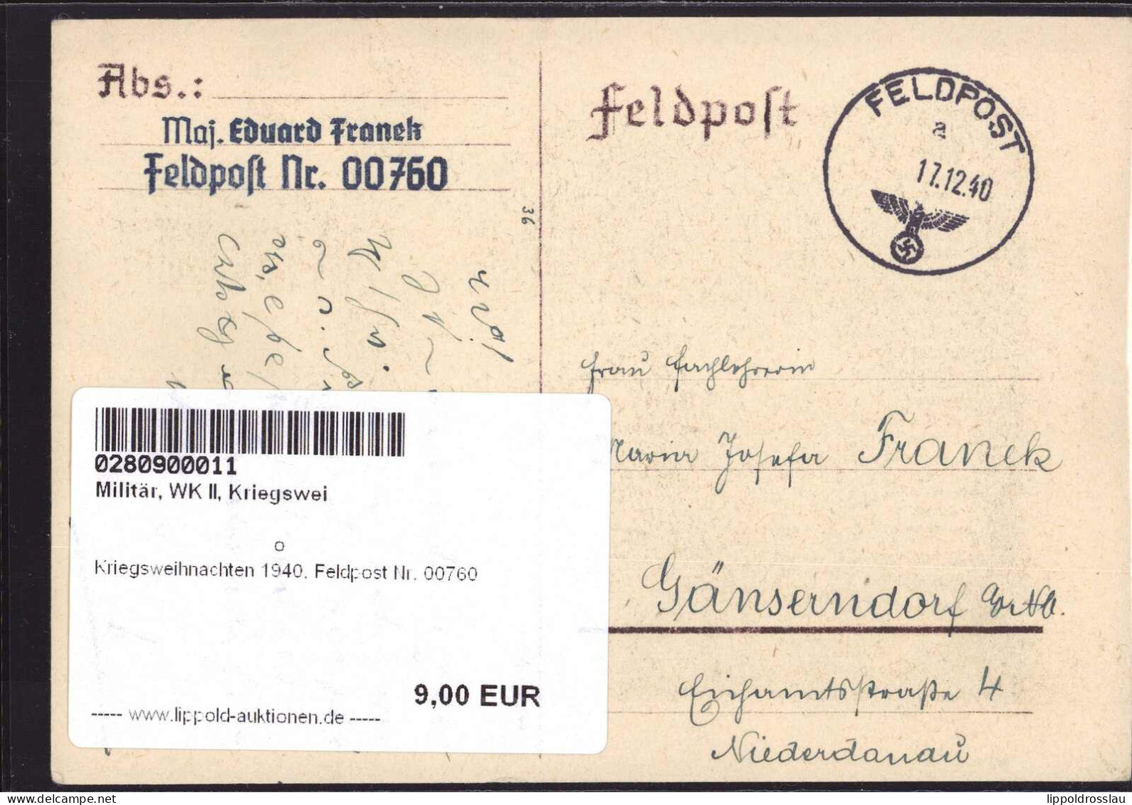 Gest. Kriegsweihnachten 1940, Feldpost Nr. 00760 - Guerre 1939-45