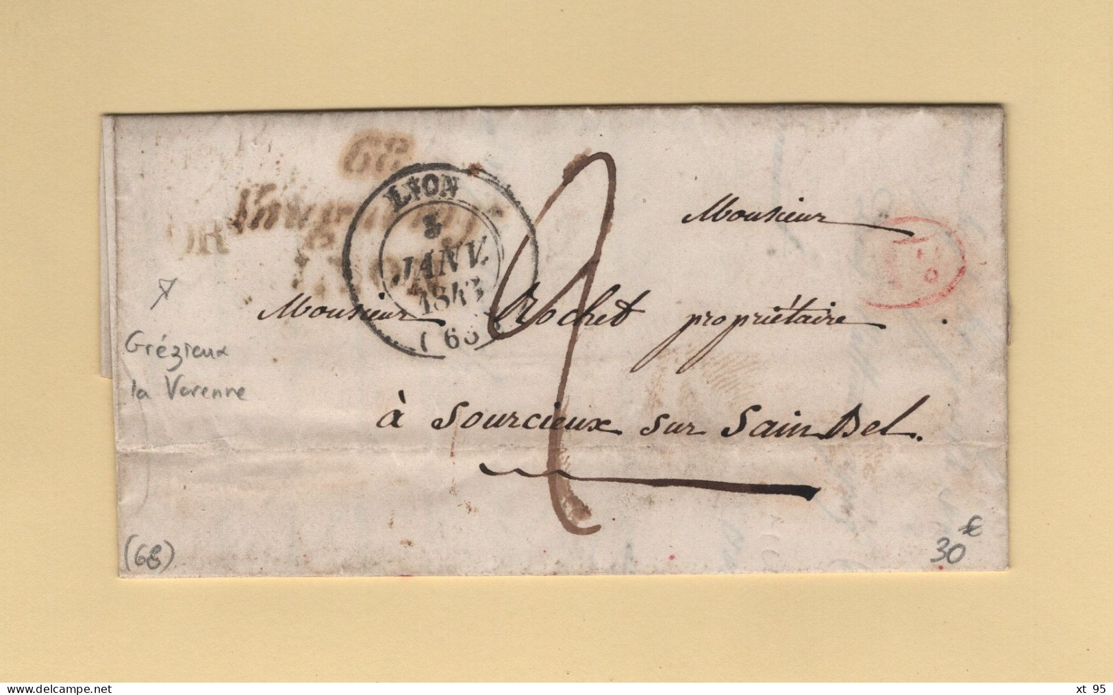 Vaugneray Lyon - 68 - Rhone - Cursive - 1843 - OR Origine Rurale - Courrier De Grezieux La Varenne - 1801-1848: Vorläufer XIX