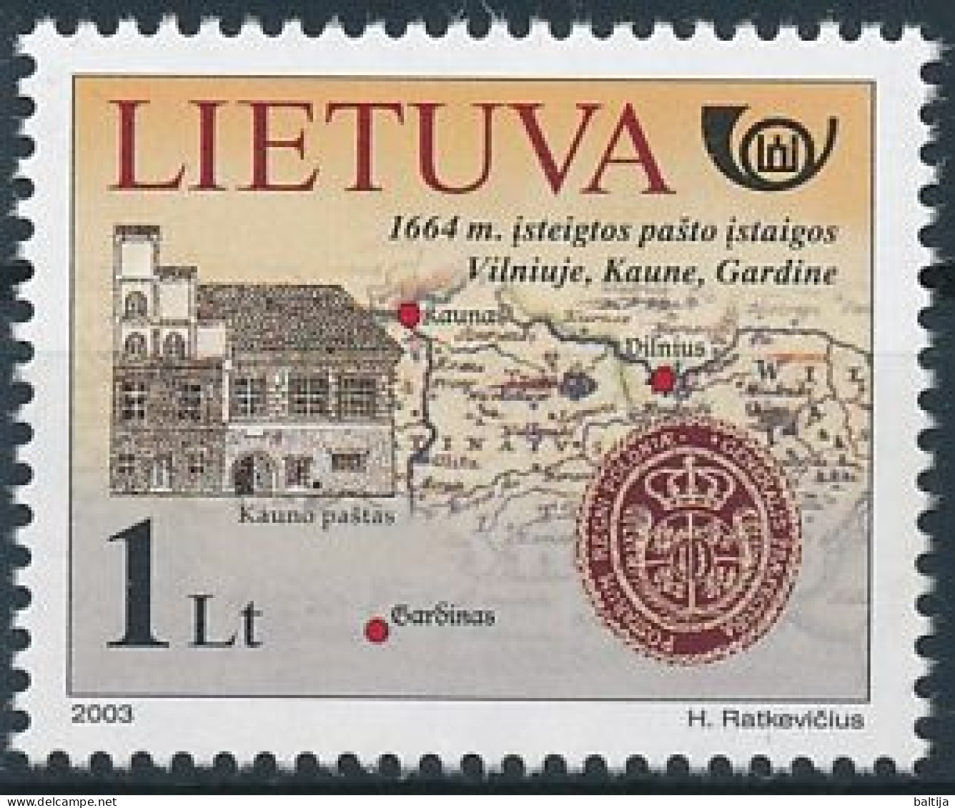 Mi 829 ** MNH / Postal History, Map, 1664 Postal Establishments To Be Developed In Vilnius, Kaunas And Gardinas - Lithuania