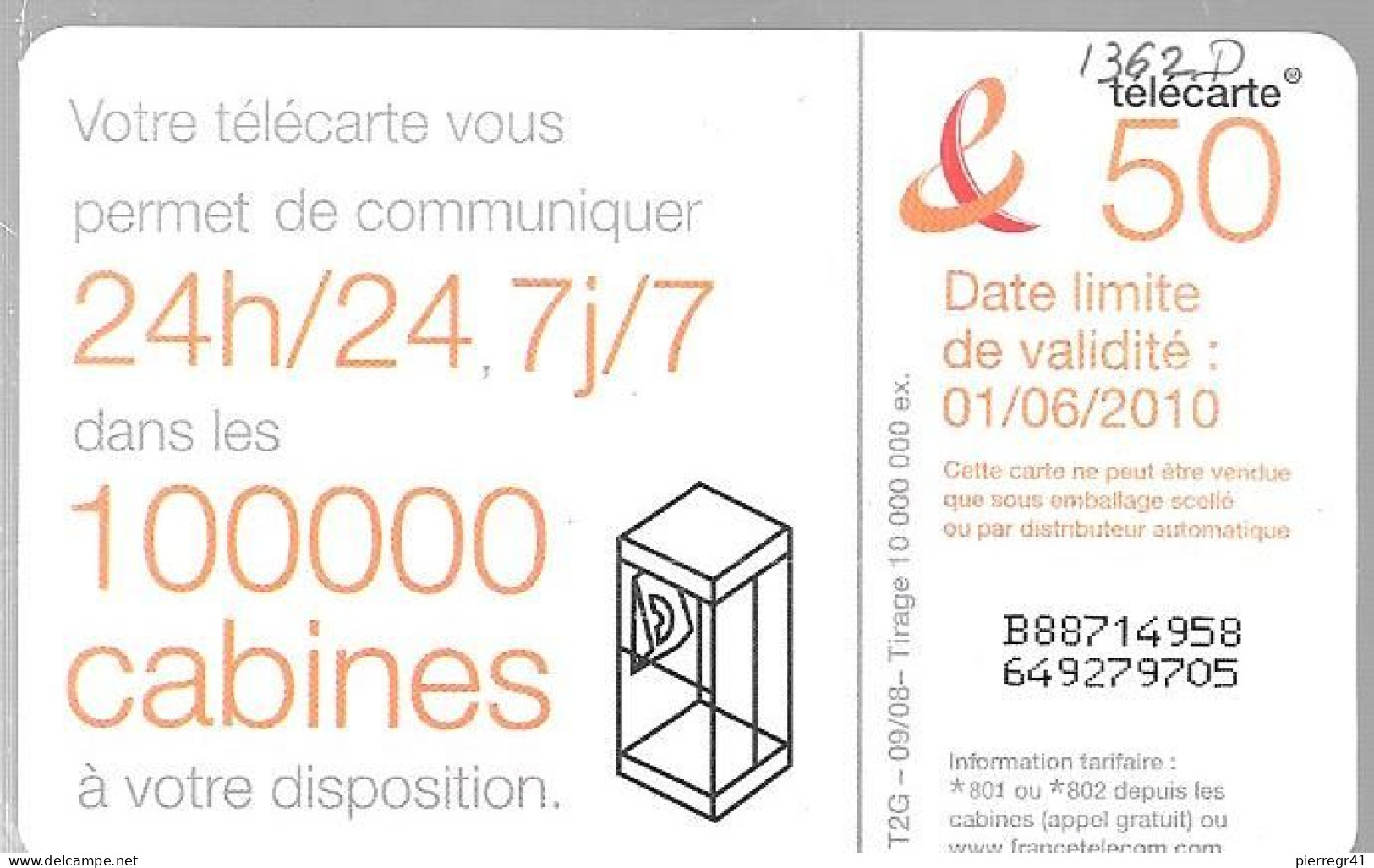 CARTE-PUBLIC-50U-F1362D-GEM1-09/08-DANSE 6-V°100000 CABINES-Ex 01/06/2010-UTILISE-TBE - 2008