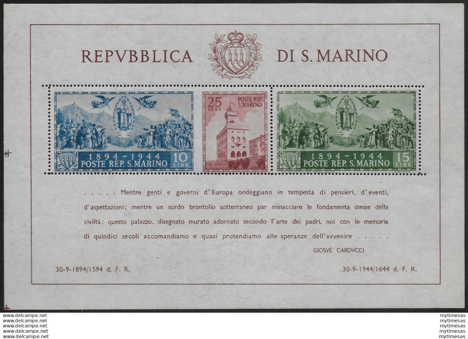 1945 San Marino Carducci MS Variety MNH Sassone N. 6d - Otros & Sin Clasificación