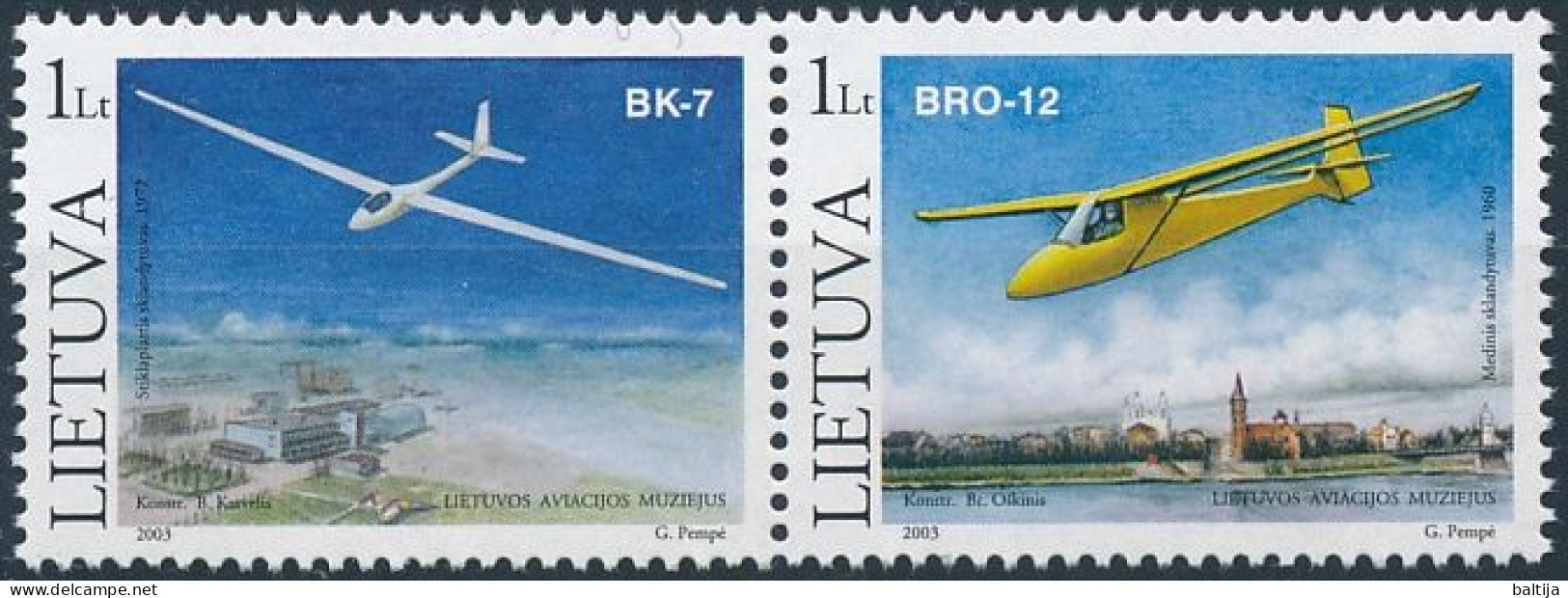 Mi 833-834 Paar ** MNH / Aviation Museum, Kaunas, Gliders, Aircraft - Lithuania