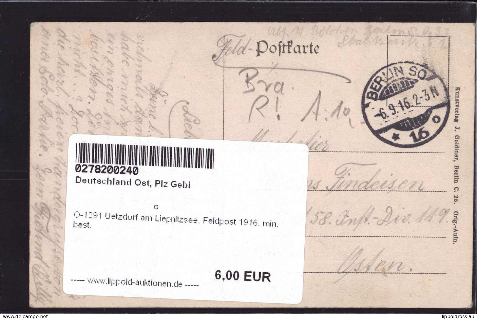 Gest. O-1291 Uetzdorf Am Liepnitzsee, Feldpost 1916, Min. Best. - Bernau